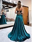 cheap Prom Dresses-A-Line Prom Dresses Empire Dress Formal Wedding Guest Court Train Sleeveless V Neck Satin Backless with Beading Appliques 2024