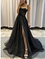 olcso Ruhák végzős bálra-vonalas báli ruhák csillogó fekete ruha esküvői ruhák formális gótikus ruha földig érő ujjatlan kedvesem spagetti tüll hasítékkal 2024