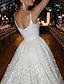 baratos Vestidos de Casamento-Salão Brilho &amp; Glitter Casual Vestidos de noiva Linha A Camisola Decote V Alças Finas Cauda Escova Paetês Vestidos de noiva Com Cor Única 2024
