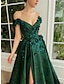 cheap Prom Dresses-A-Line Prom Dresses Floral Dress Wedding Guest Wedding Party Court Train Sleeveless Off Shoulder Satin with Slit Appliques 2024