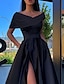 abordables Robes de bal de promo-Robe de bal trapèze noire, tenue formelle de fête de mariage, longueur au sol, manches courtes, épaules dénudées, satin avec fente froncée, 2024