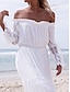 זול שמלות פשוטות-בגדי ריקוד נשים שמלת כלה תחרה לבנה כיסוי בגדי חוף שמלת מקסי קפלים עם שרוול אופנתי בסיסי אחיד סירה מתחת לכתפיים שרוול ארוך רגיל יומי חופשה לבן 2023 קיץ אביב S M L XL