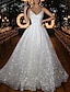 billiga Brudklänningar-Sal Glitter och glans Ledigt Bröllopsklänningar A-linje Camisole V-hals Smala axelband Svepsläp Paljetter Brudklänningar Med Enfärgat 2024