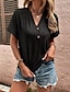 お買い得  レディースＴシャツ-女性用 Tシャツ コットン 平織り ボタン 日常 週末 ベーシック 半袖 Ｖネック ブラック