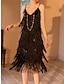 זול שמלות מסיבה-בגדי ריקוד נשים פאייטים פרנזים שמלה שחורה שמלת מידי אלגנטית אחיד רצועות ספגטי ללא שרוולים מפלגה קיץ אביב שחור אודם