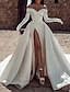 זול שמלות כלה-וינטאג&#039; שנות ה-40/1950 רשמי שמלות חתונה גזרת A סירה מתחת לכתפיים שרוול ארוך שובל כנסייה (צ&#039;אפל) סאטן שמלות כלה עם שסע קדמי צבע אחיד 2024