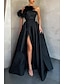 cheap Evening Dresses-Sheath / Column Evening Gown Party Dress Wedding Guest Black Tie Gala Floor Length Sleeveless Strapless Satin with Feather Slit 2024