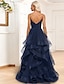 Χαμηλού Κόστους Βραδινά Φορέματα-Γραμμή Α Βραδινά φορέματα Κομψό Φόρεμα Επίσημο Επισκέπτης γάμου Ουρά Αμάνικο Λεπτές Τιράντες Οργάντζα με Πιασίματα Βολάν Φόρεμα 2024