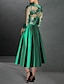 cheap Cocktail Dresses-A-Line Cocktail Dress Red Green Dresses Formal Kentucky Derby Tea Length 3/4 Length Sleeve Jewel Neck Fall Wedding Guest Satin with Pleats Appliques 2024
