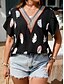 cheap Women&#039;s Blouses &amp; Shirts-Women&#039;s Shirt Blouse Black Feather Print Short Sleeve Casual Basic V Neck Regular Plus Size L