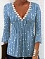 cheap Blouses-Women&#039;s Shirt Blouse Lake blue Blue Polka Dot Striped Lace Trims Print 3/4 Length Sleeve Casual Basic V Neck Regular S
