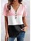 cheap T-shirts &amp; Blouses-Women&#039;s T shirt Tee Pink Color Block Button Lace Trims Short Sleeve Daily Weekend Basic V Neck Regular S