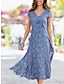 cheap Mother of the Bride Dresses-Sheath Blue  Mother of the Bride Dress Wedding Guest Elegant Party Petite V Neck Tea Length Lace Short Sleeve with Pleats Solid Color 2024