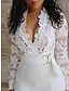 cheap Party Jumpsuits-Women&#039;s Jumpsuit Lace High Waist Solid Color V Neck Elegant Wedding Party Regular Fit Long Sleeve White S M L Summer