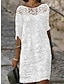 Χαμηλού Κόστους σχέδιο βαμβακερά &amp; λινά φορέματα-Γυναικεία Φόρεμα από βαμβακερό λινό Φόρεμα ριχτό Μίντι φόρεμα Δαντέλα αντίθεσης Κεντητό Κομψό Καθημερινά Στρογγυλή Ψηλή Λαιμόκοψη Μισό μανίκι Καλοκαίρι Άνοιξη Λευκό