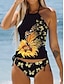 cheap Tankinis-Women&#039;s Swimwear Tankini 2 Piece Normal Swimsuit 2 Piece Printing Sunflower Black Tank Top Bathing Suits Sports Beach Wear