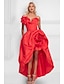 cheap Cocktail Dresses-A-Line Cocktail Dress Red Green Dresses Celebrity Style Dress Party Wear Wedding Party Asymmetrical Sleeveless Strapless Satin with Shouder Flower 2024