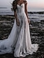 זול שמלות כלה-חוף ים / יעד גב פתוח בוהו שמלות חתונה גזרת A סירה מתחת לכתפיים רצועות שובל קורט תחרה שמלות כלה עם אפליקציות צבע אחיד 2024