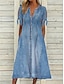 baratos vestidos lisos-Mulheres Vestido casual Vestido De Camisa Jeans Vestido midi Denim Clássico Moderno Ao ar livre Diário Férias Decote V Franzido Botão Manga Curta Verão Primavera 2023 Normal Azul Tecido S M L XL 2XL