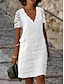 cheap Design Cotton &amp; Linen Dresses-Women&#039;s White Dress Casual Dress Cotton Linen Dress Midi Dress Contrast Lace Lace Daily Vacation V Neck Short Sleeve Summer Spring White Plain