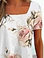 cheap T-shirts &amp; Blouses-Women&#039;s T shirt Tee Black White Pink Floral Striped Print Short Sleeve Casual Holiday Basic Square Neck Regular Floral S