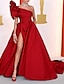 cheap Evening Dresses-A-Line Evening Gown Celebrity Style Dress Red Green Dress Formal Black Tie Chapel Train Sleeveless One Shoulder Taffeta with Ruched Slit 2024