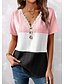 cheap T-shirts &amp; Blouses-Women&#039;s T shirt Tee Pink Color Block Button Lace Trims Short Sleeve Daily Weekend Basic V Neck Regular S