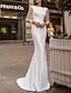 tanie Suknie ślubne-recepcja styl królewski proste suknie ślubne syrenka / trąbka dekolt w szpic długi rękaw typu Sweep / tren satynowe suknie ślubne w jednolitym kolorze lato wesele 2024