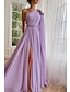 cheap Evening Dresses-A-Line Evening Gown Elegant Dress Formal Wedding Guest Sweep / Brush Train Sleeveless One Shoulder Capes Chiffon with Slit Shawl 2024