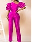 cheap Party Jumpsuits-Women&#039;s Jumpsuit High Waist Solid Color V Neck Elegant Wedding Party Regular Fit Short Sleeve Puff Sleeve Fuchsia Green S M L Summer