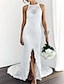 cheap Wedding Dresses-Beach Open Back Boho Wedding Dresses Mermaid / Trumpet Halter Neck Sleeveless Chapel Train Lace Bridal Gowns With Appliques Solid Color 2024