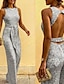 cheap Party Jumpsuits-Women&#039;s Jumpsuit Backless Sequin Solid Color Crew Neck Elegant Wedding Party Regular Fit Sleeveless Silver Gold S M L Summer