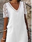 cheap Plain Dresses-Women&#039;s Shift Dress Midi Dress Cotton Linen Lace Hollow Out Daily V Neck Short Sleeve Summer White
