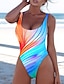 cheap One-piece swimsuits-Women&#039;s Swimwear One Piece Normal Swimsuit Printing Striped Yellow Blue Sky Blue Bodysuit Bathing Suits Sports Beach Wear Summer