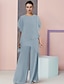 cheap Mother of the Bride Pantsuits-Two Piece Jumpsuit / Pantsuit Mother of the Bride Dress Wedding Guest Elegant Cape Dress Plus Size Scoop Neck Floor Length Chiffon Short Sleeve with Solid Color 2024