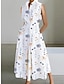 cheap Graphic Linen Dresses-Women&#039;s White Dress Shirt Dress Casual Dress Maxi long Dress Pocket Print Daily Vacation Stand Collar Sleeveless Summer Spring White Floral Flower