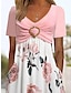 baratos Vestidos Estampados-Mulheres Vestido A Line Vestido rosa Floral Imprimir Decote V Vestido midi Diário Manga Curta Verão Primavera