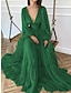 billige Aftenkjoler-a-line aftenkjole elegant kjole rød grønn kjole formell bryllup gjest etasje lengde lange ermer v-hals chiffon med rynket 2024