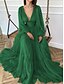 cheap Evening Dresses-A-Line Wedding Guest Dress Red Green Dress Formal Black Tie Floor Length Long Sleeve V Neck Chiffon with Ruched 2024