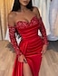 cheap Evening Dresses-Mermaid Black Dress Evening Gown Black Dress Vintage Formal Wedding Party Court Train Long Sleeve Off Shoulder Satin with Ruched Sequin Slit 2024