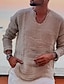 economico Camicie di lino-Per uomo camicia di lino Maglietta informale Camicia estiva Camicia da spiaggia Bianco Blu Marrone Manica lunga Liscio A V Primavera estate Informale Giornaliero Abbigliamento