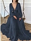 cheap Evening Dresses-A-Line Wedding Guest Dress Red Green Dress Formal Black Tie Floor Length Long Sleeve V Neck Chiffon with Ruched 2024