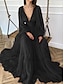 cheap Evening Dresses-A-Line Wedding Guest Dress Red Green Dress Formal Black Tie Floor Length Long Sleeve V Neck Chiffon with Ruched 2024