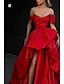 cheap Evening Dresses-A-Line Evening Gown Party Dress Red Green Dress Masquerade Prom Sweep / Brush Train Sleeveless Off Shoulder Satin with Slit 2024