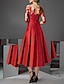 cheap Cocktail Dresses-A-Line Cocktail Party Dress Floral Dress Kentucky Derby Tea Length 3/4 Length Sleeve Off Shoulder Fall Wedding Guest Satin with Pleats Appliques 2024