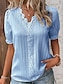 cheap Basic Women&#039;s Tops-Women&#039;s Lace Shirt Blouse Plain Casual Contrast Lace Patchwork White Short Sleeve Elegant Basic V Neck Summer