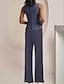 cheap Mother of the Bride Pantsuits-Jumpsuit / Pantsuit 3 Piece Mother of the Bride Dress Formal Wedding Guest Elegant Vintage Scoop Neck Ankle Length Chiffon Lace Sleeveless 3/4 Length Sleeve with Appliques 2024