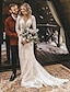 cheap Wedding Dresses-Beach Open Back Boho Wedding Dresses A-Line V Neck Long Sleeve Court Train Lace Bridal Gowns With Solid Color 2024