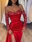 cheap Evening Dresses-Mermaid Black Dress Evening Gown Black Dress Vintage Formal Wedding Party Court Train Long Sleeve Off Shoulder Satin with Ruched Sequin Slit 2024