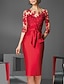 cheap Cocktail Dresses-Sheath Red Green Dress Cocktail Dresses Luxurious Dress Formal Knee Length 3/4 Length Sleeve Off Shoulder Fall Wedding Guest Satin with Pleats Appliques 2024